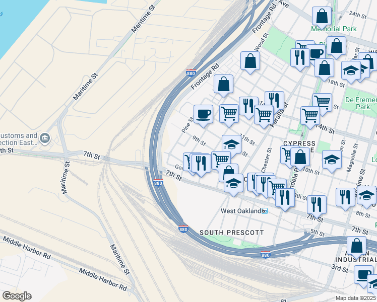 map of restaurants, bars, coffee shops, grocery stores, and more near 864 Wood Street in Oakland
