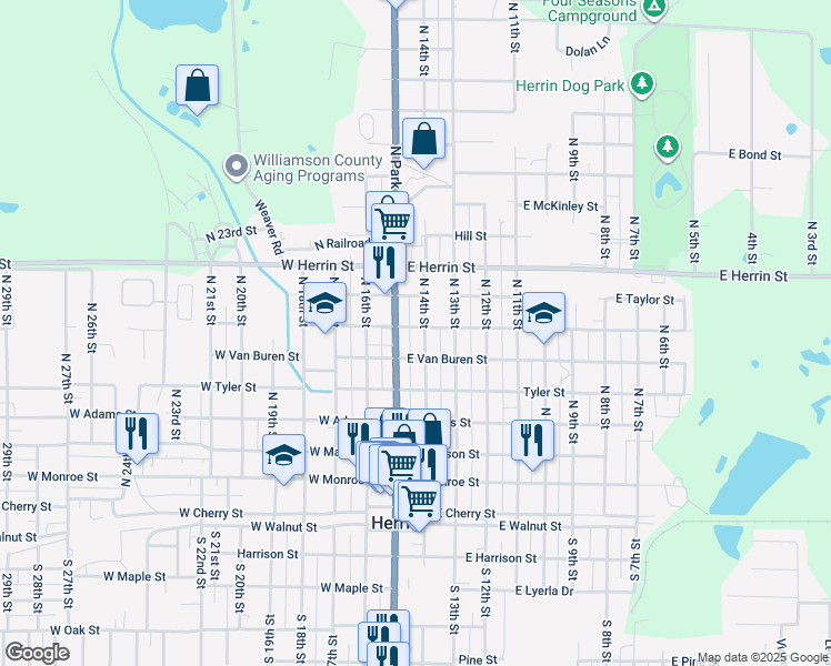 map of restaurants, bars, coffee shops, grocery stores, and more near 601-699 North 14th Street in Herrin
