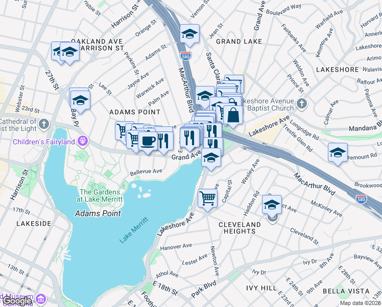 map of restaurants, bars, coffee shops, grocery stores, and more near 498 Euclid Avenue in Oakland