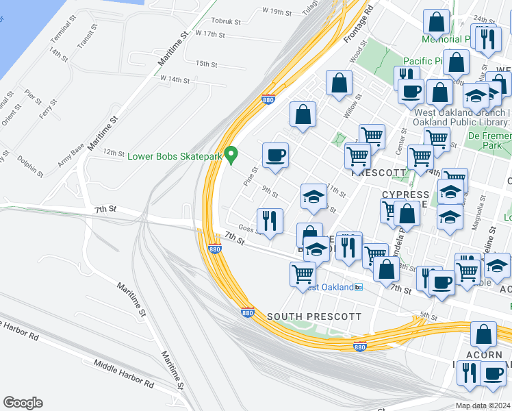 map of restaurants, bars, coffee shops, grocery stores, and more near 835 Wood Street in Oakland