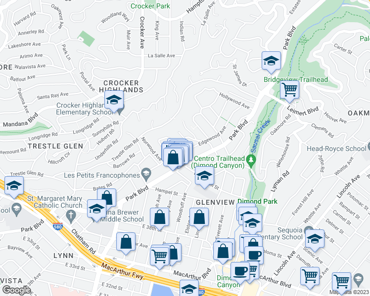 map of restaurants, bars, coffee shops, grocery stores, and more near 4339 Edgewood Avenue in Oakland