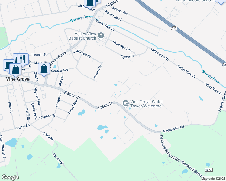 map of restaurants, bars, coffee shops, grocery stores, and more near 111 North Trey Court in Vine Grove