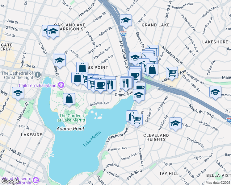 map of restaurants, bars, coffee shops, grocery stores, and more near 460 Grand Avenue in Oakland