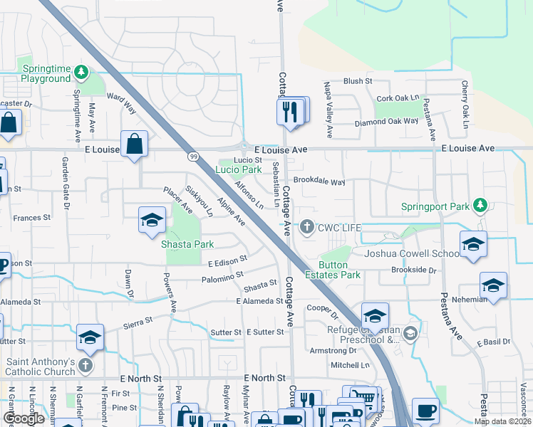 map of restaurants, bars, coffee shops, grocery stores, and more near 921 Alfonso Lane in Manteca