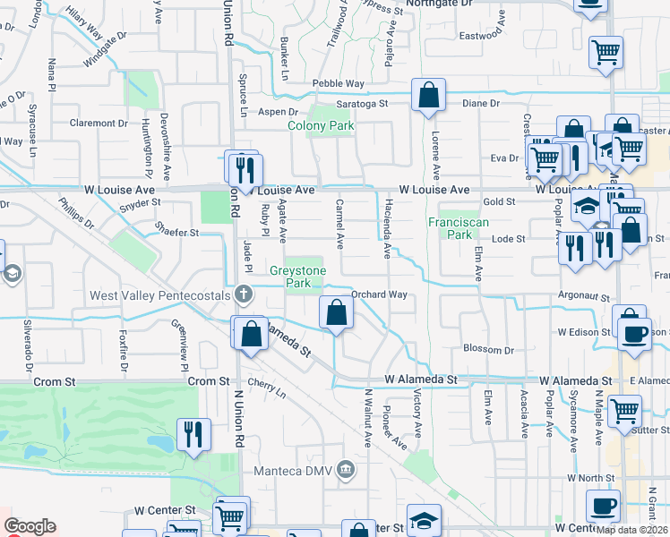 map of restaurants, bars, coffee shops, grocery stores, and more near 821 Carmel Avenue in Manteca