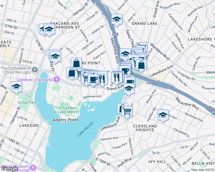 map of restaurants, bars, coffee shops, grocery stores, and more near 440 Grand Avenue in Oakland