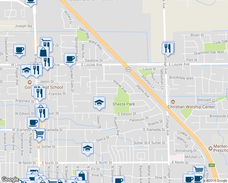 map of restaurants, bars, coffee shops, grocery stores, and more near 783 Meadow Way in Manteca