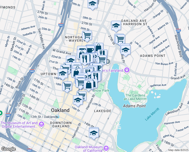 map of restaurants, bars, coffee shops, grocery stores, and more near 344 Thomas L Berkley Way in Oakland