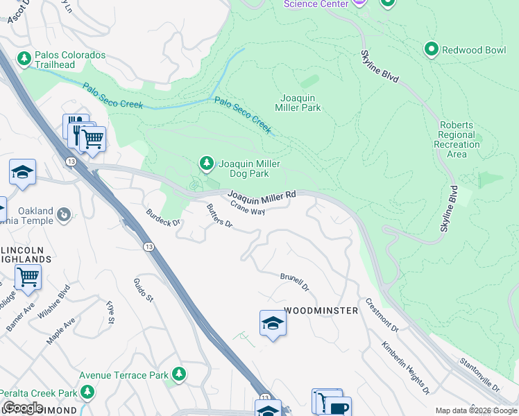map of restaurants, bars, coffee shops, grocery stores, and more near 3356 Crane Way in Oakland