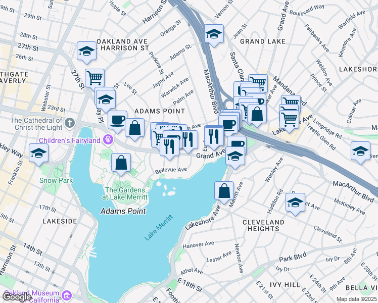 map of restaurants, bars, coffee shops, grocery stores, and more near 440 Grand Avenue in Oakland