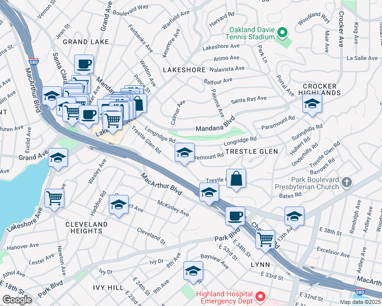 map of restaurants, bars, coffee shops, grocery stores, and more near 770 Rosemount Road in Oakland