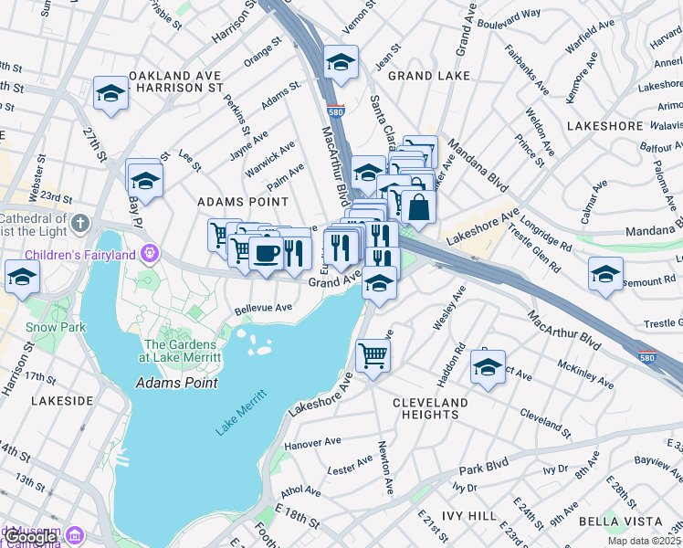 map of restaurants, bars, coffee shops, grocery stores, and more near 401 Burk Street in Oakland