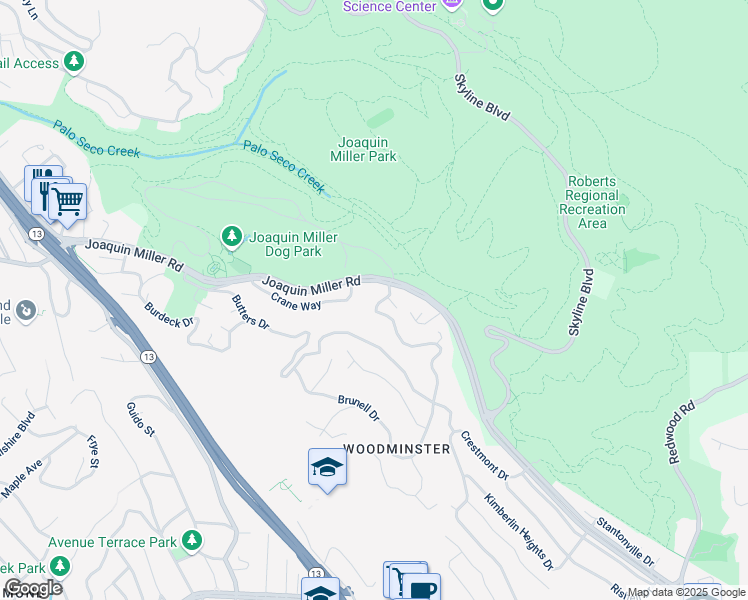 map of restaurants, bars, coffee shops, grocery stores, and more near 3131 Robinson Drive in Oakland