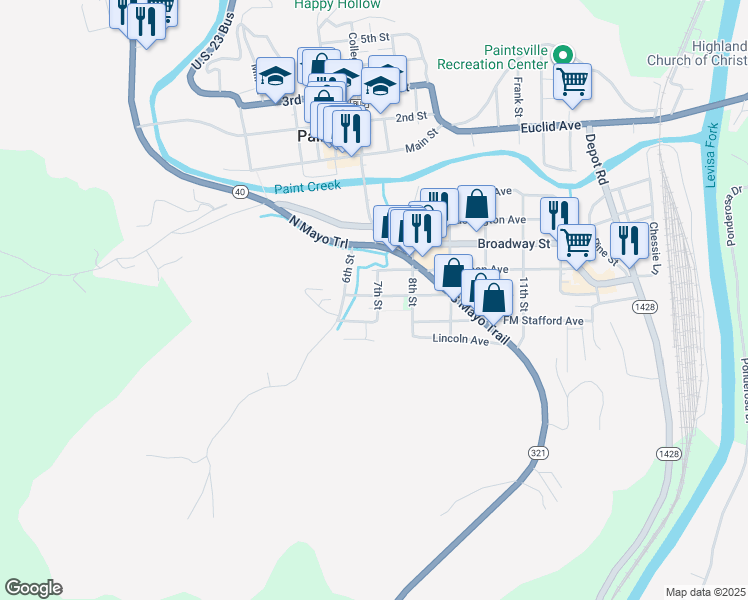 map of restaurants, bars, coffee shops, grocery stores, and more near 301 Madison Avenue in Paintsville