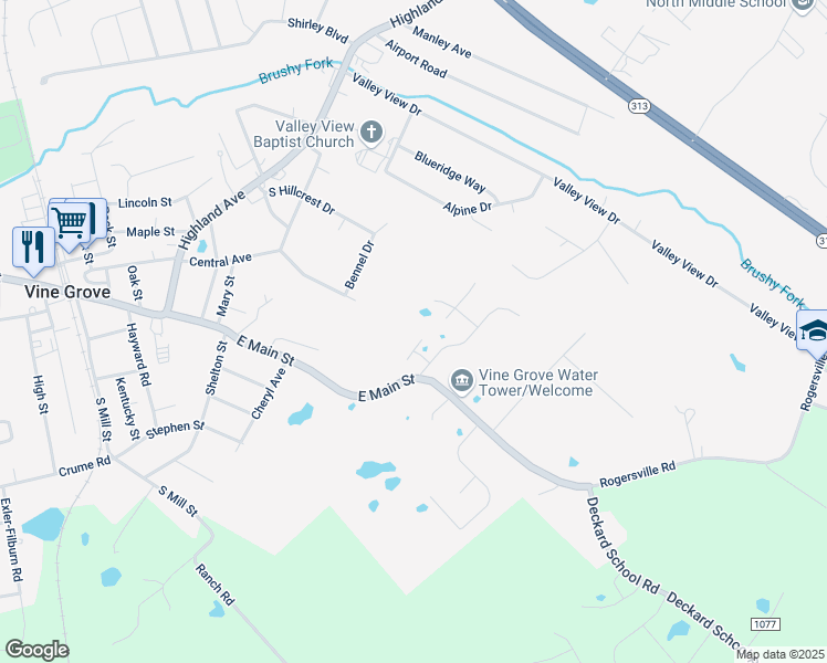 map of restaurants, bars, coffee shops, grocery stores, and more near 111 North Trey Court in Vine Grove