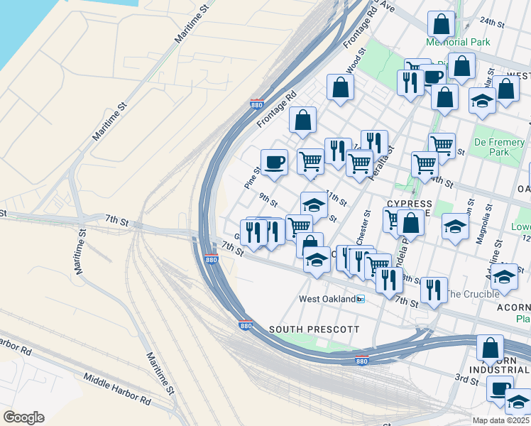 map of restaurants, bars, coffee shops, grocery stores, and more near 864 Wood Street in Oakland