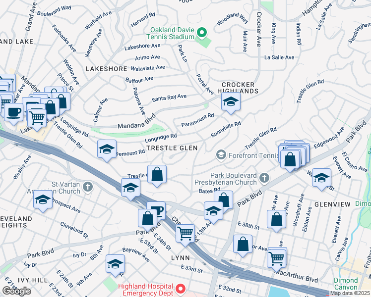 map of restaurants, bars, coffee shops, grocery stores, and more near 966 Larkspur Road in Oakland