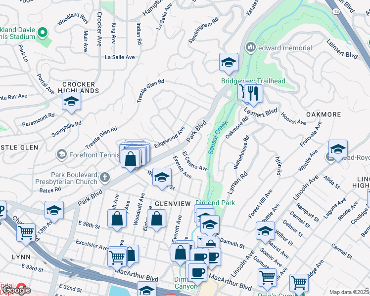 map of restaurants, bars, coffee shops, grocery stores, and more near 4602 Park Boulevard in Oakland