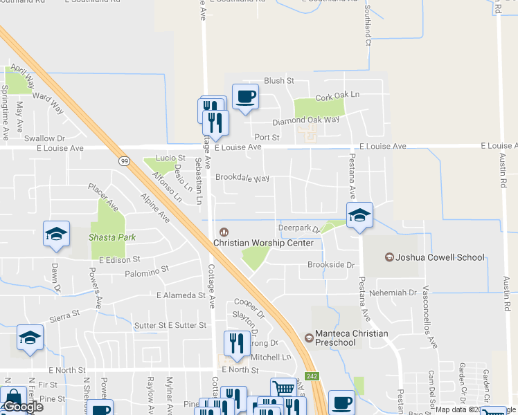 map of restaurants, bars, coffee shops, grocery stores, and more near 1455 Deer Creek Court in Manteca