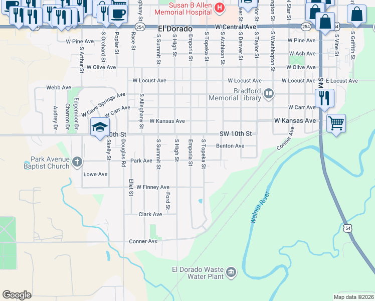 map of restaurants, bars, coffee shops, grocery stores, and more near 1005 South Emporia Street in El Dorado