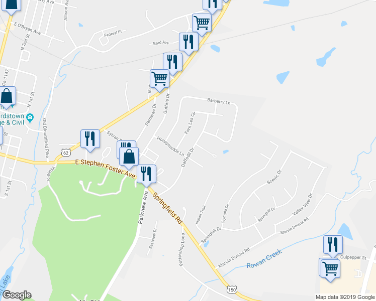 map of restaurants, bars, coffee shops, grocery stores, and more near 104 Daffodil Drive in Bardstown