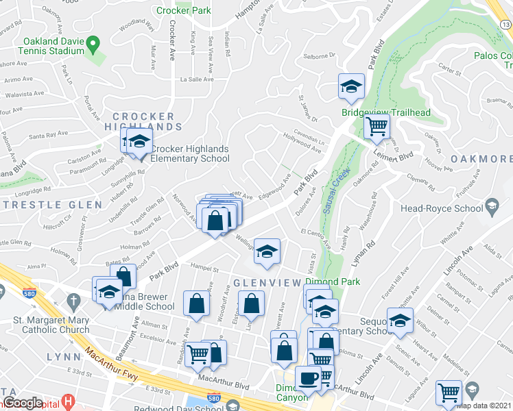map of restaurants, bars, coffee shops, grocery stores, and more near 4410 Edgewood Avenue in Oakland