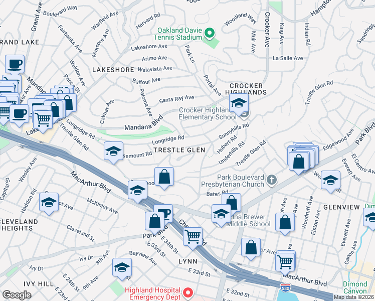 map of restaurants, bars, coffee shops, grocery stores, and more near 966 Larkspur Road in Oakland