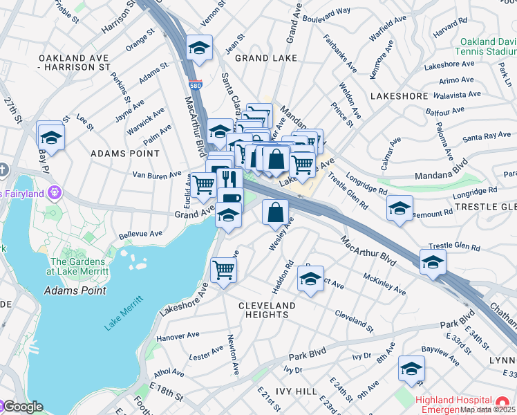 map of restaurants, bars, coffee shops, grocery stores, and more near in Oakland