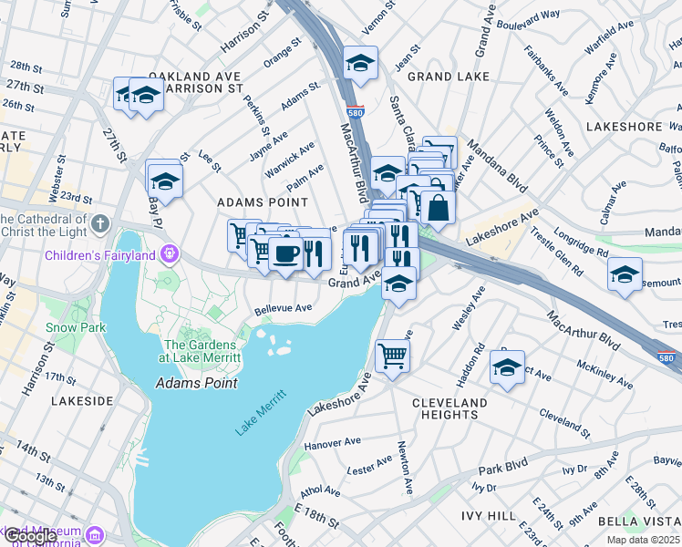 map of restaurants, bars, coffee shops, grocery stores, and more near 401 Burk Street in Oakland