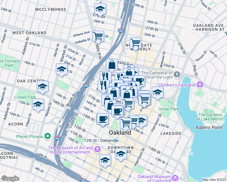 map of restaurants, bars, coffee shops, grocery stores, and more near in Oakland