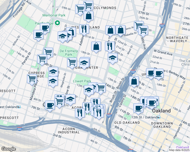 map of restaurants, bars, coffee shops, grocery stores, and more near in Oakland