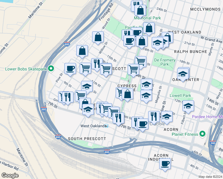 map of restaurants, bars, coffee shops, grocery stores, and more near 1033 Chester Street in Oakland