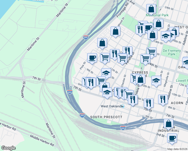 map of restaurants, bars, coffee shops, grocery stores, and more near 900 Willow Street in Oakland