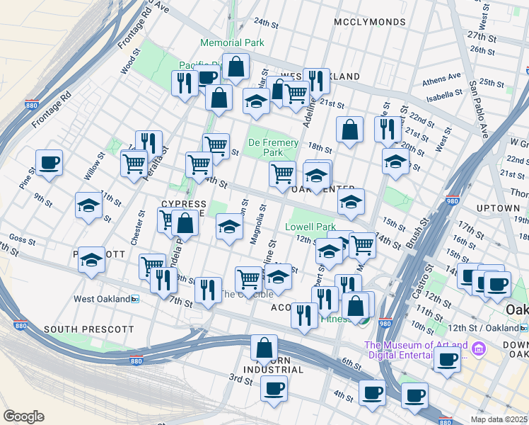 map of restaurants, bars, coffee shops, grocery stores, and more near 1230 Magnolia Street in Oakland