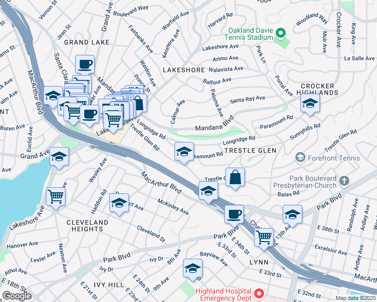 map of restaurants, bars, coffee shops, grocery stores, and more near 770 Rosemount Road in Oakland