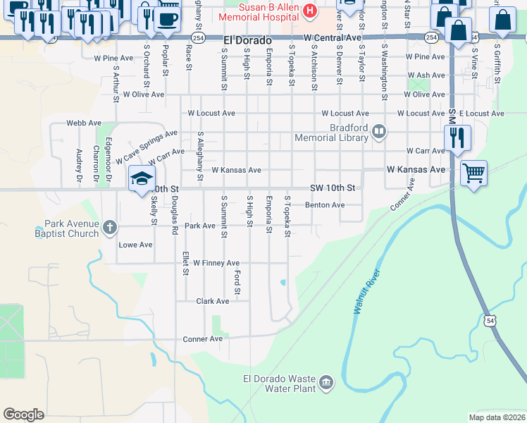 map of restaurants, bars, coffee shops, grocery stores, and more near 1005 South Emporia Street in El Dorado