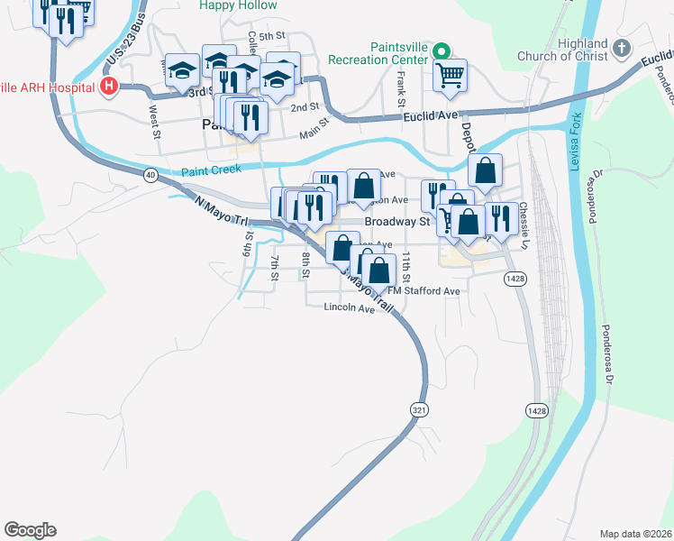 map of restaurants, bars, coffee shops, grocery stores, and more near in Paintsville