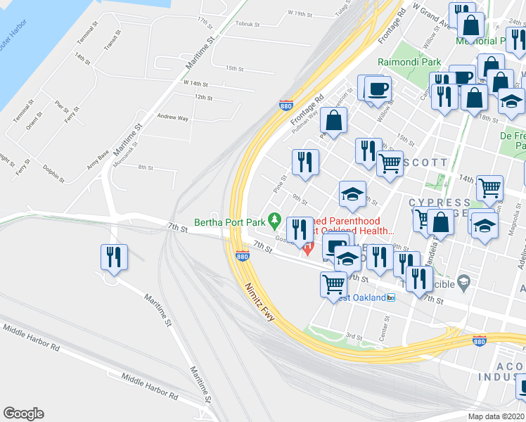 map of restaurants, bars, coffee shops, grocery stores, and more near 801 Pine Street in Oakland