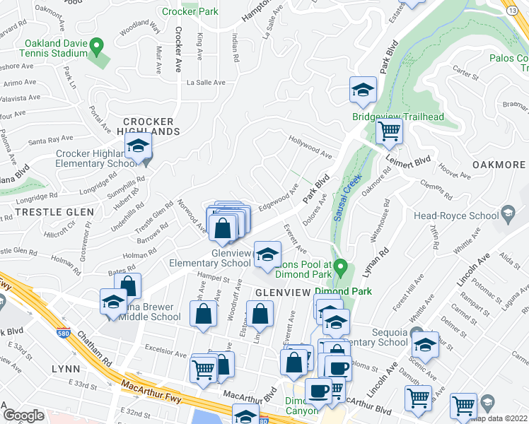 map of restaurants, bars, coffee shops, grocery stores, and more near 4410 Edgewood Avenue in Oakland