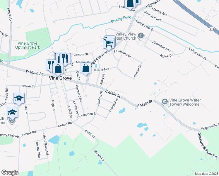 map of restaurants, bars, coffee shops, grocery stores, and more near 106 Walnut Street in Vine Grove