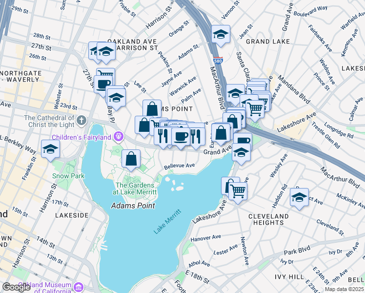 map of restaurants, bars, coffee shops, grocery stores, and more near 386 Grand Avenue in Oakland
