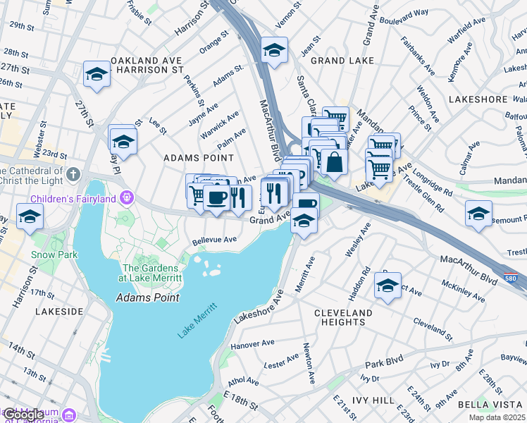 map of restaurants, bars, coffee shops, grocery stores, and more near 401 Burk Street in Oakland