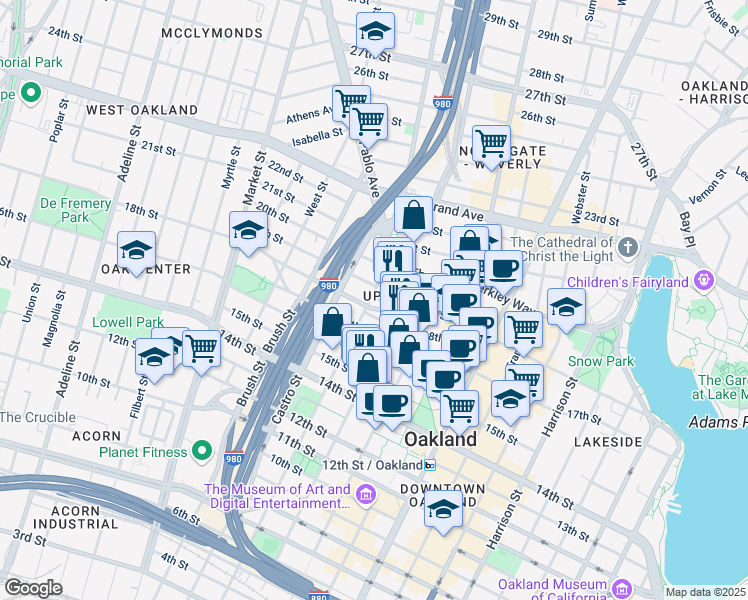 map of restaurants, bars, coffee shops, grocery stores, and more near 1888 Martin Luther King Junior Way in Oakland