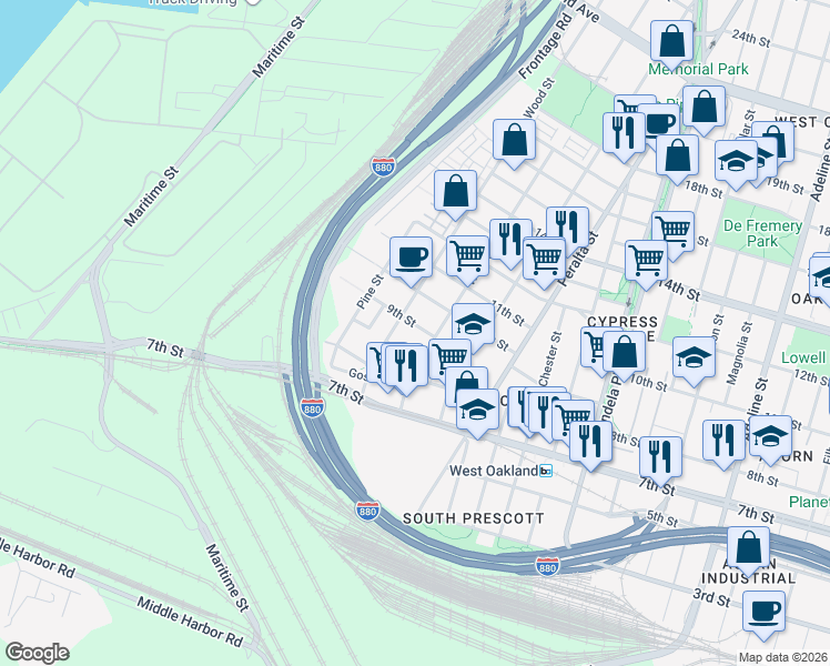 map of restaurants, bars, coffee shops, grocery stores, and more near 864 Wood Street in Oakland