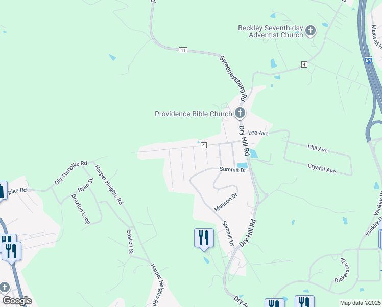 map of restaurants, bars, coffee shops, grocery stores, and more near 102 Dunbar Avenue in Beckley