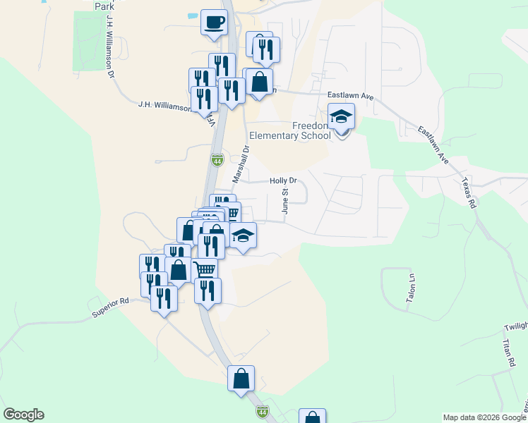 map of restaurants, bars, coffee shops, grocery stores, and more near 123 Bosa Drive in Saint Robert
