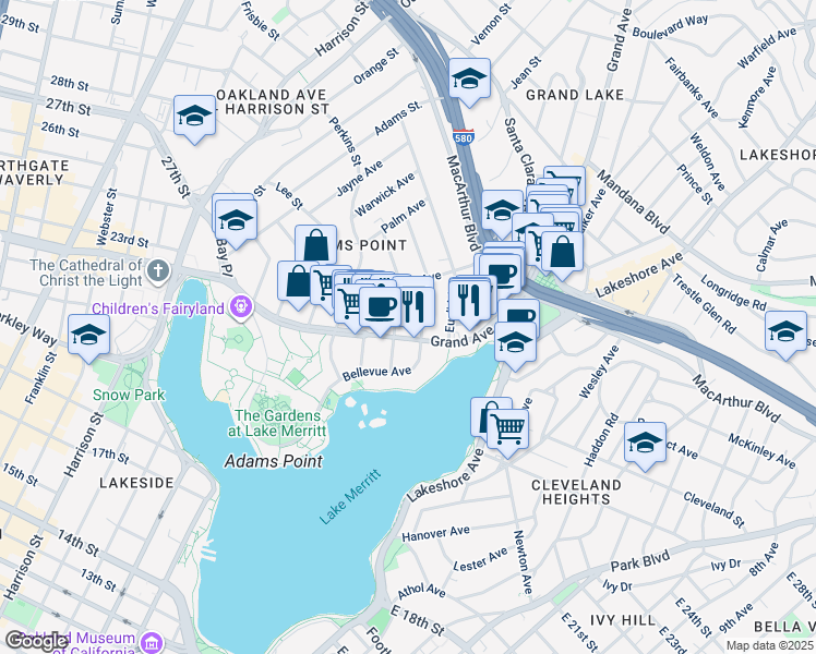 map of restaurants, bars, coffee shops, grocery stores, and more near 440 Grand Avenue in Oakland