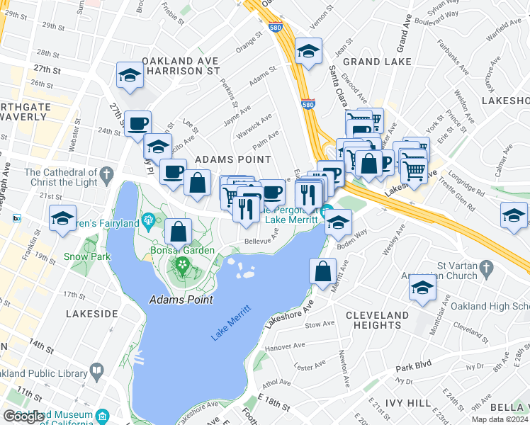 map of restaurants, bars, coffee shops, grocery stores, and more near 440 Grand Avenue in Oakland