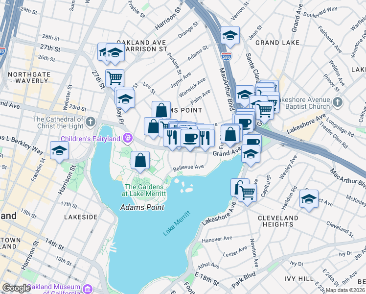 map of restaurants, bars, coffee shops, grocery stores, and more near 386 Grand Avenue in Oakland