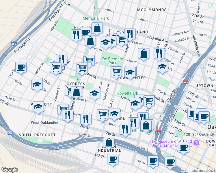 map of restaurants, bars, coffee shops, grocery stores, and more near 1230 Magnolia Street in Oakland